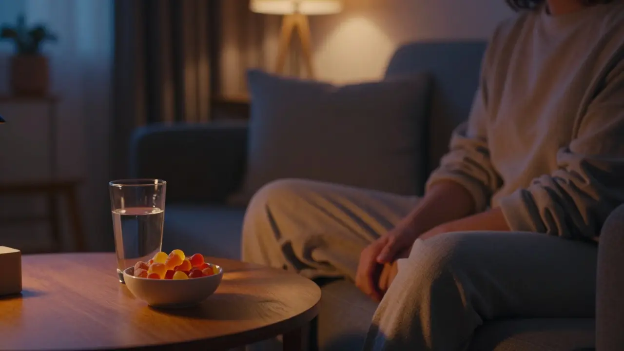 Ruhige Abendstimmung mit Glas Wasser und Gummis für besseren Schlaf