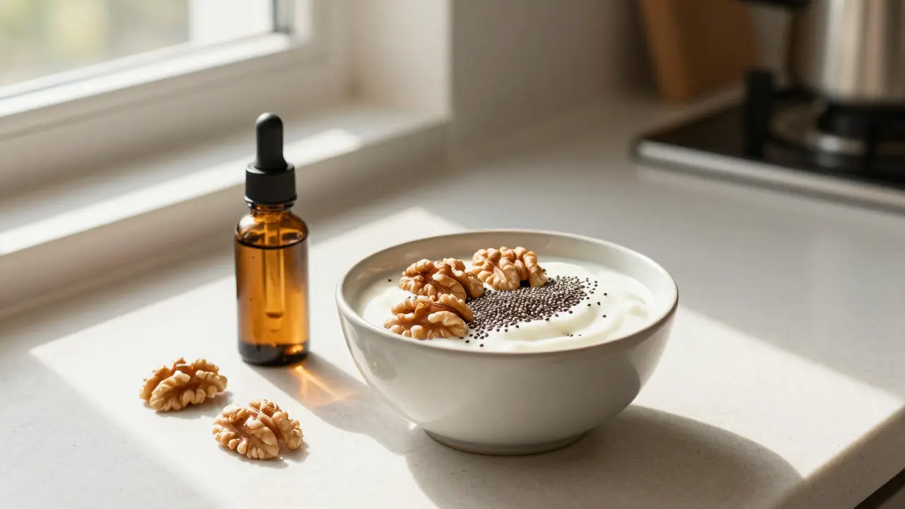 Schüssel Joghurt mit Nüssen und CBD-Flasche auf Küchentisch