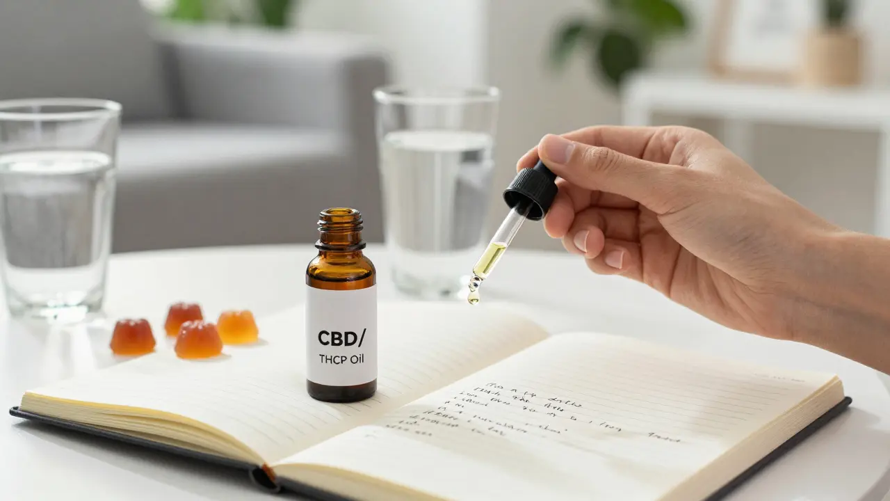 Sorgfältige Dosierung von Cannabinoid-Öl mit Notizbuch für die Erfassung