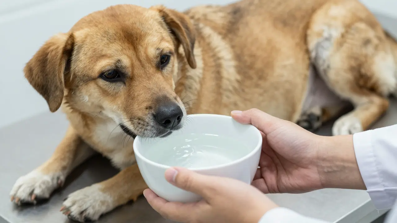 Tierarzt bietet einem müden Hund Wasser zur Hydratation an