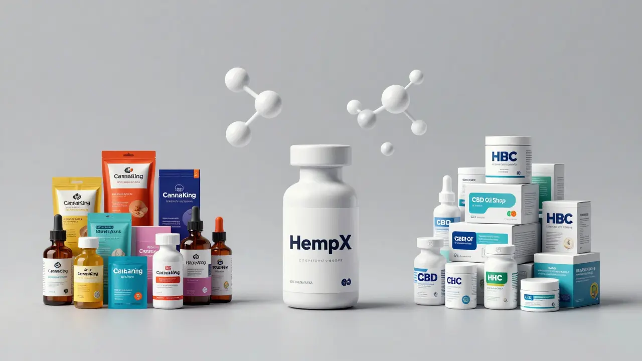 Vergleich dreier HHC-Marken durch stilisierte Produktabbildungen