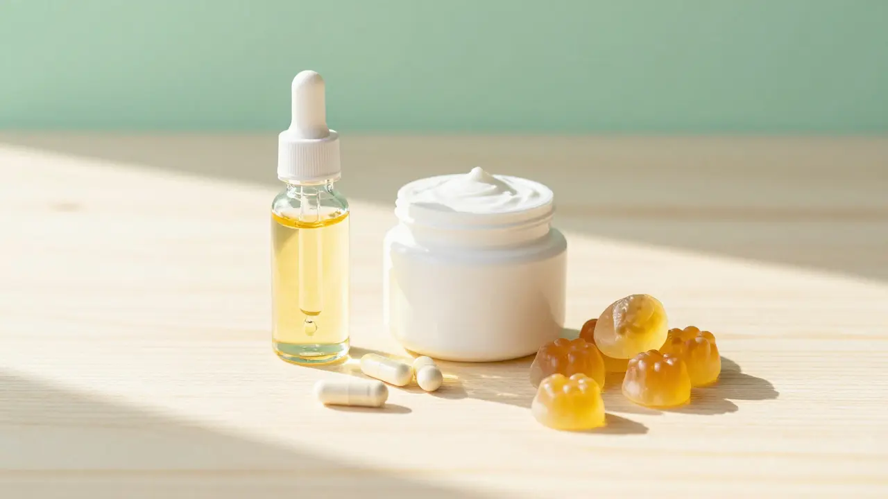 Verschiedene CBD-Formate wie Öl, Gummis und Kapseln auf Holz