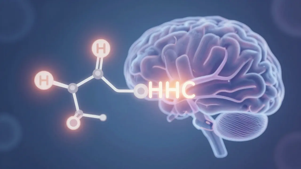 Abstrakte Darstellung der molekularen Bindung von HHC an das Gehirn