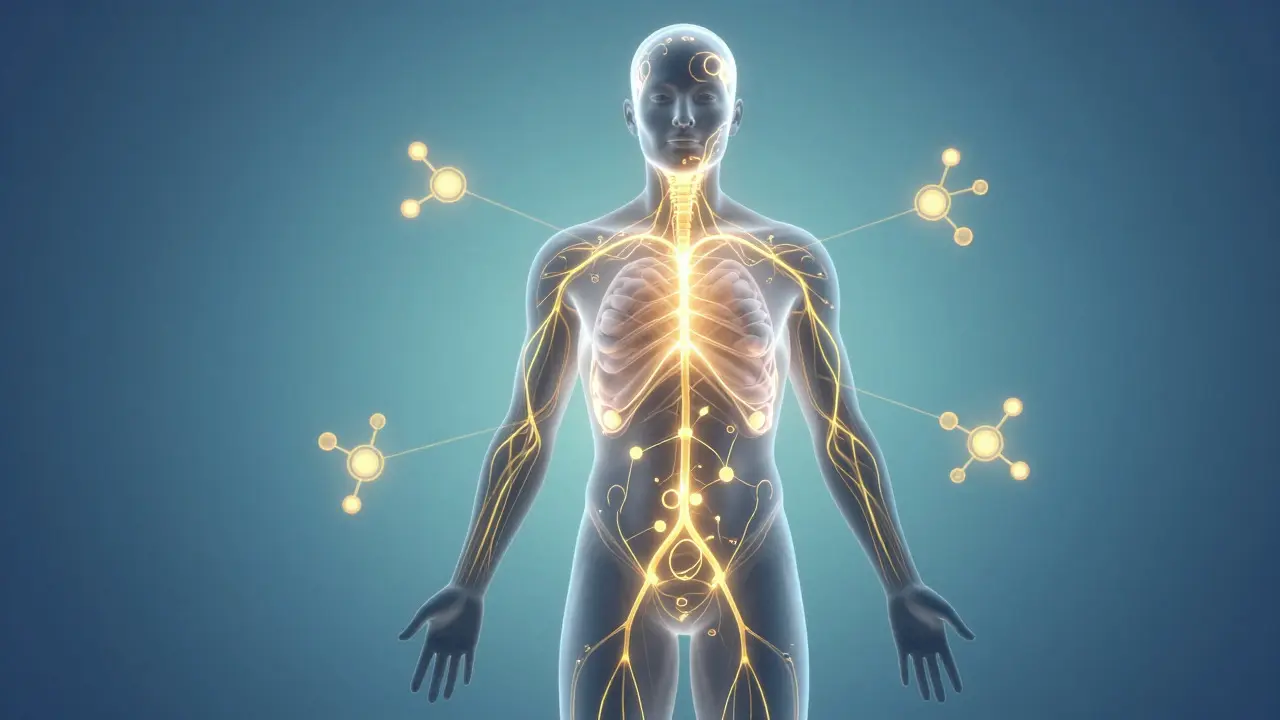 Abstrakte Illustration des menschlichen Endocannabinoid-Systems mit leuchtenden Rezeptoren