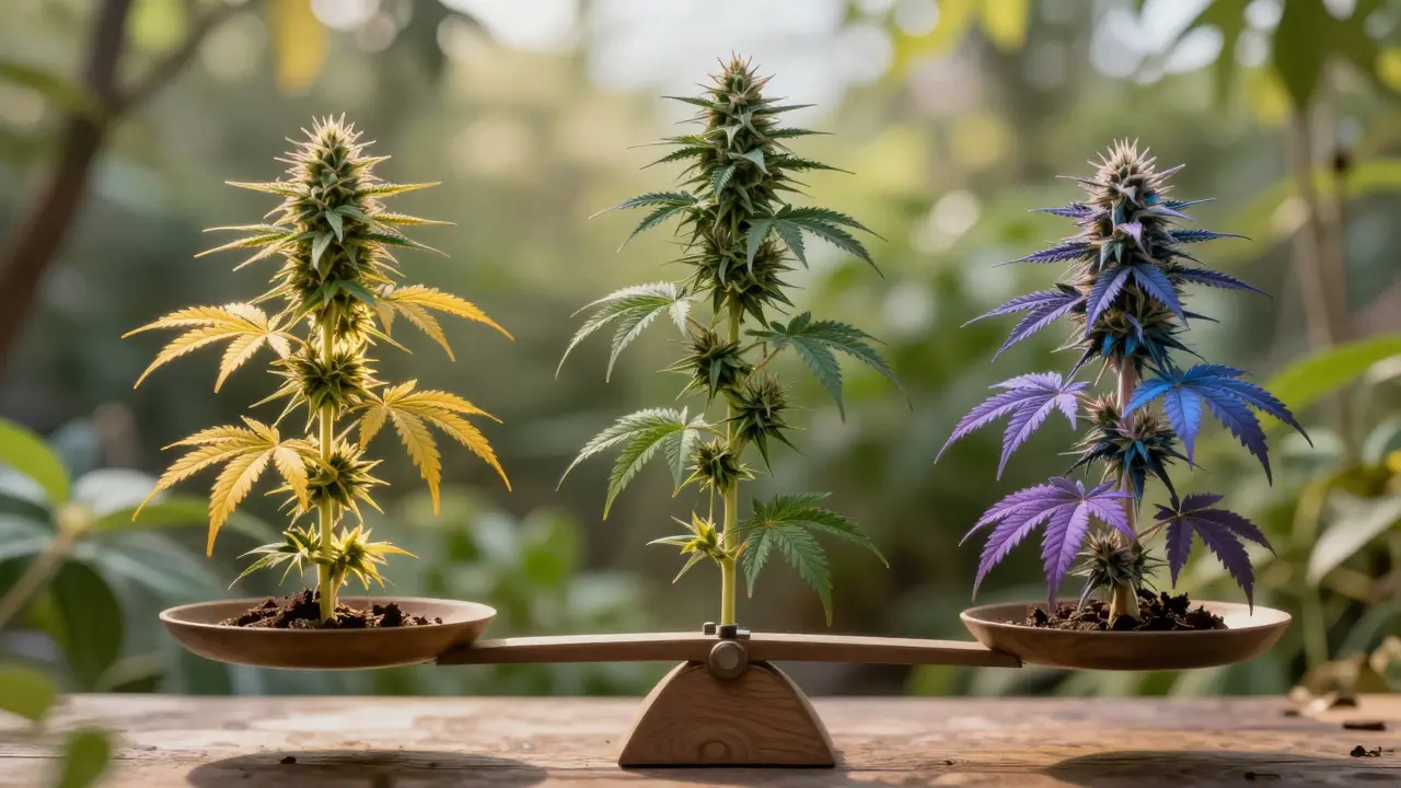 Balance scale comparing Sativa and Indica plants in a sunny garden