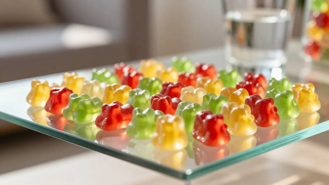 Bunte Gummibärchen auf einer Glasplatte im Sonnenlicht