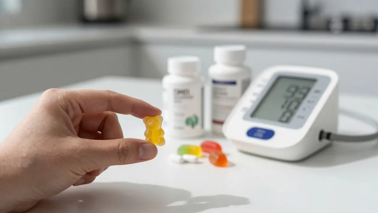 CBD-Gummi neben Herzmedikamenten und Blutdruckmessgerät als Symbol für Wechselwirkungen.