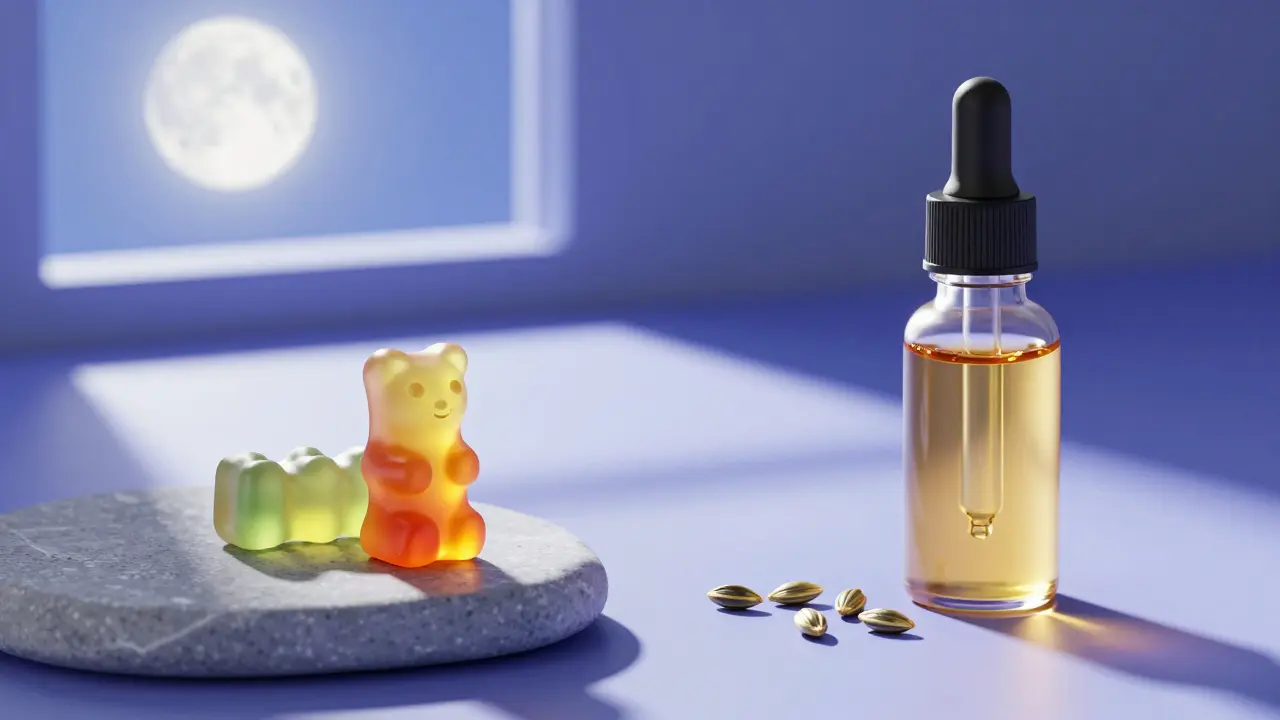 CBD gummy and oil bottle under moonlight for sleep comparison