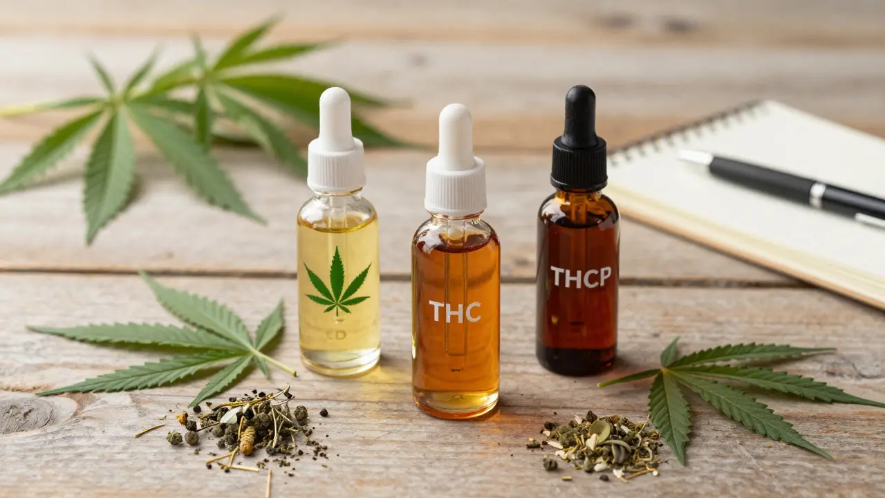Drei Cannabinoid-Ölflaschen auf rustikalem Holztisch