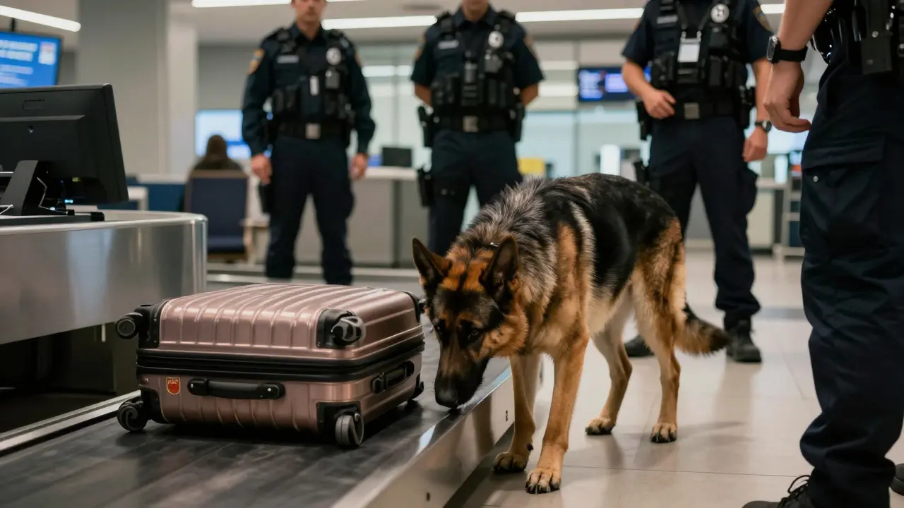 Ein Spürhund schnüffelt intensiv an einem Koffer auf dem Gepäckband im Flughafen-Terminal.
