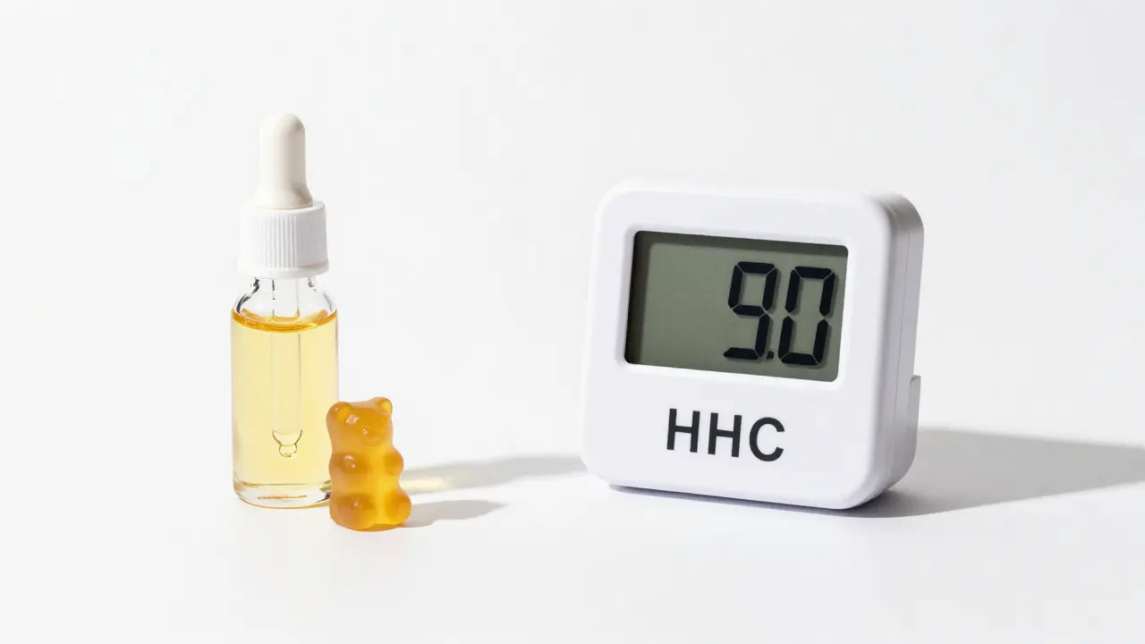 Einzelnes Gummibärchen neben Öltropfer und Timer zur Darstellung der Dosierung