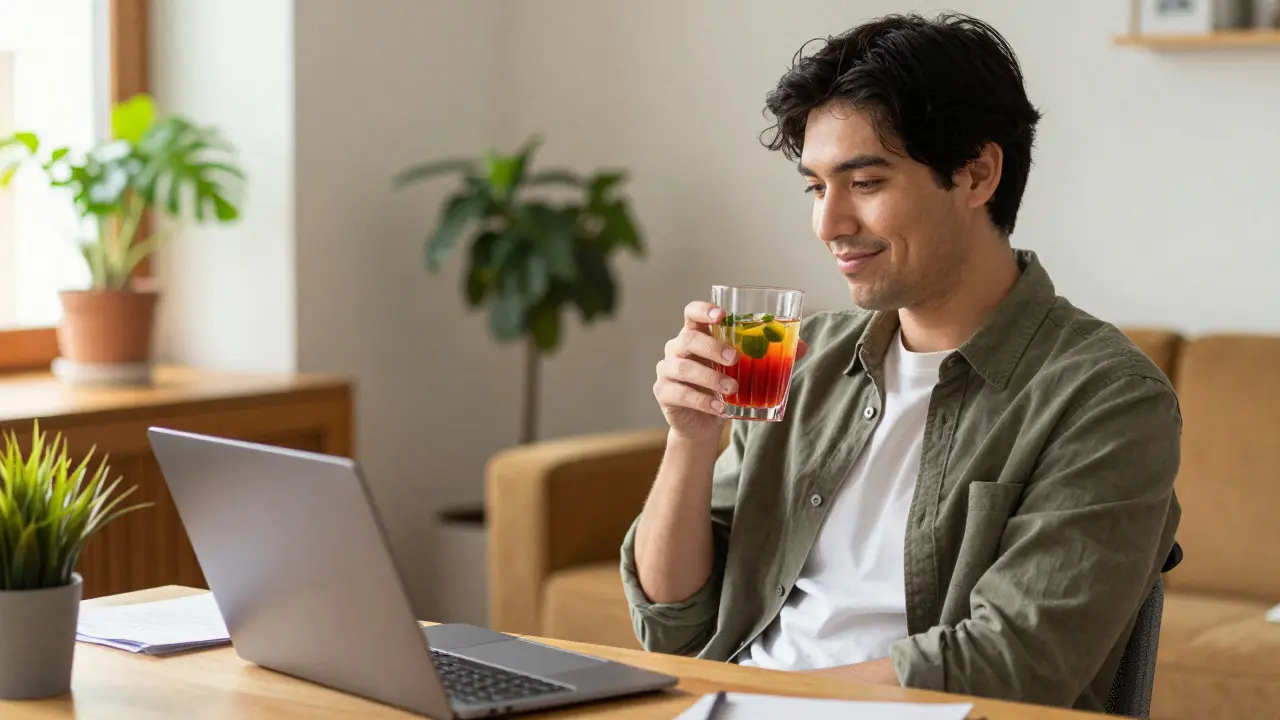 Entspannte Person genießt ein CBD-Getränk im Homeoffice