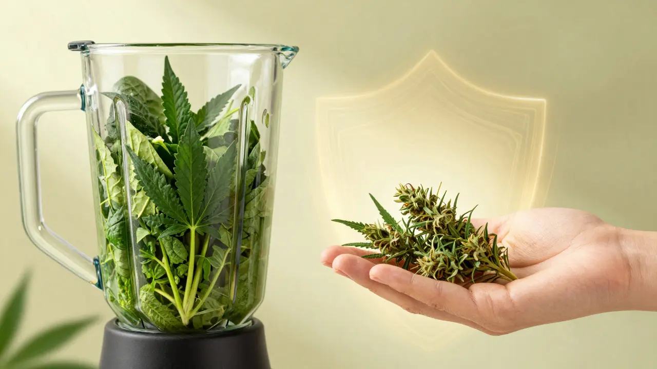 Frischer Cannabis-Smoothie als Symbol für medizinische THCA-Effekte ohne Rausch