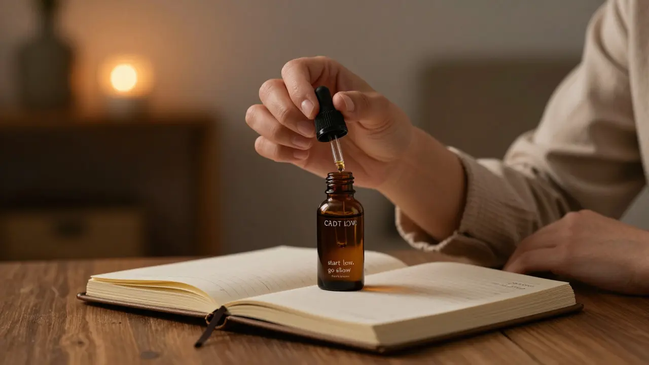 Hände halten eine CBD-Ölflasche über ein Tagebuch in einer ruhigen Abendatmosphäre