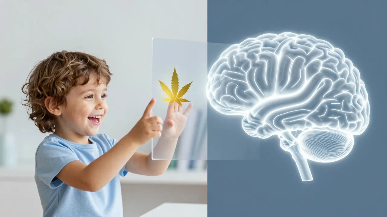 Kind spielt neben abstrakter Darstellung der Gehirnentwicklung