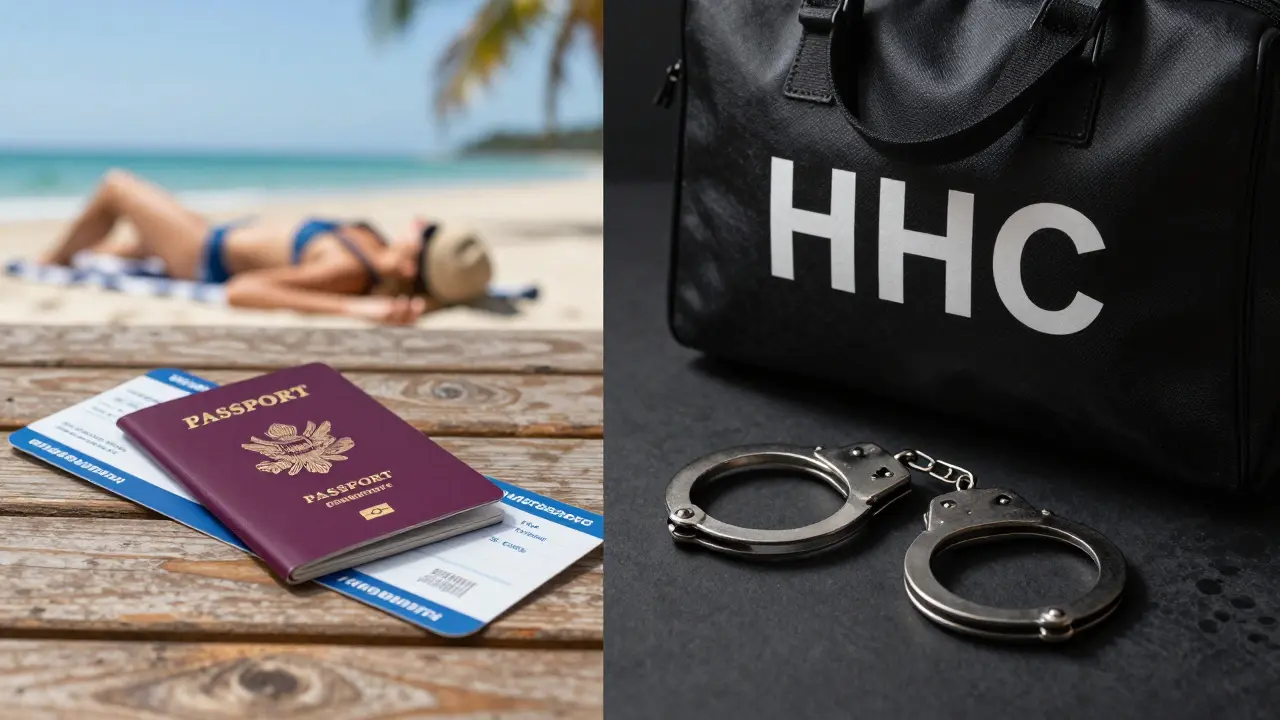 Kontrastreiches Bild: Entspannter Urlaub links versus rechtliche Risiken und Beschlagnahme rechts.