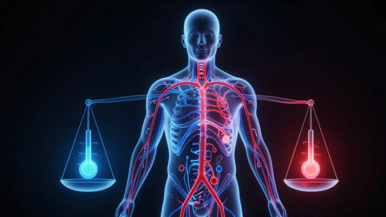 Konzeptuelle Darstellung des Endocannabinoid-Systems mit blauen und roten Nervenbahnen
