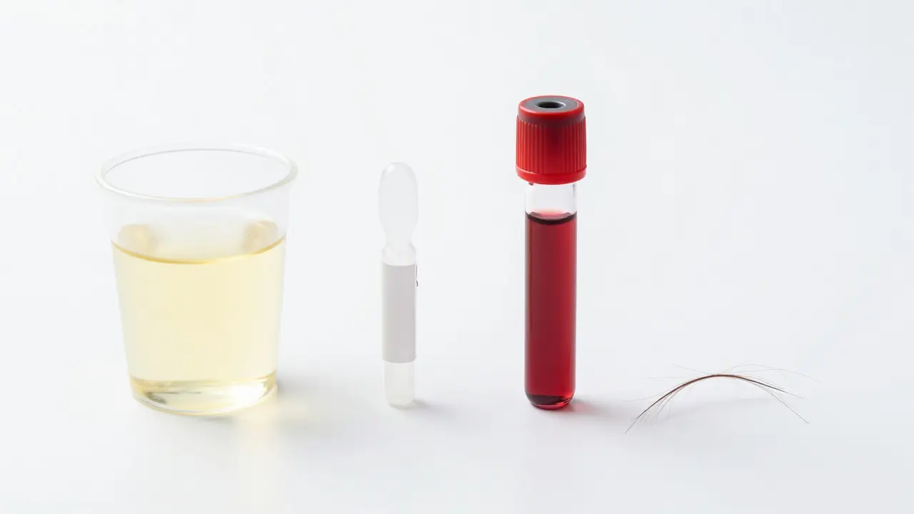 Laborproben für Drogentests: Urin, Speichel, Blut und Haare auf weißem Tisch