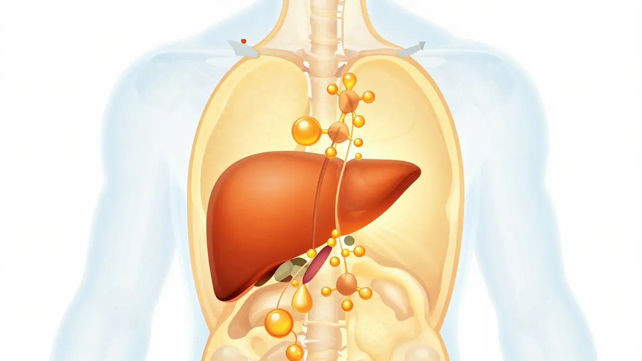 Medizinische Illustration der Leber und Speicherung von Metaboliten im Fettgewebe