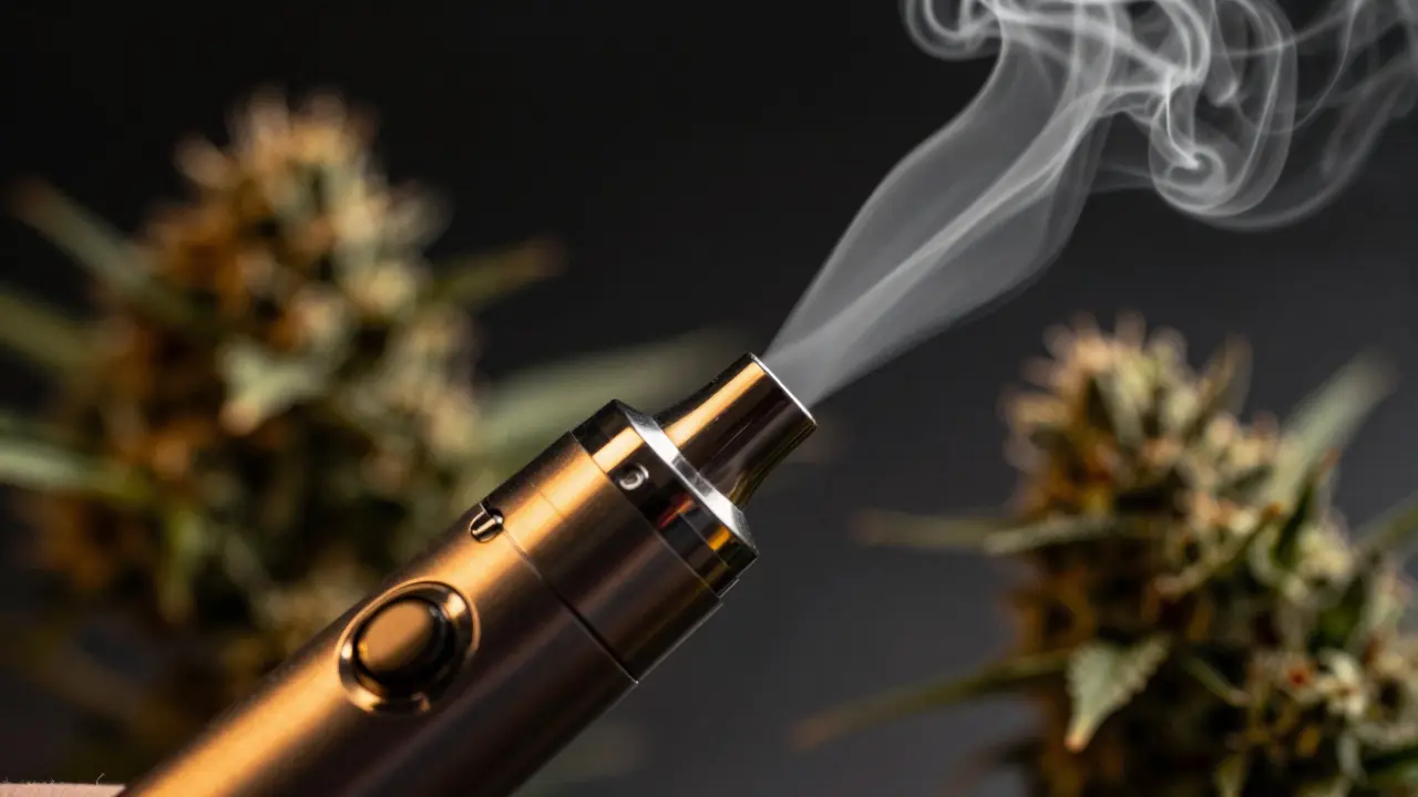 Nahaufnahme eines Vaporizers mit Dampf, der die Aktivierung durch Hitze symbolisiert