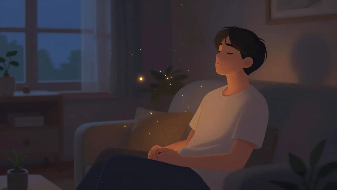 Person in entspannter Atmosphäre, umgeben von sanftem Licht, das Ruhe symbolisiert