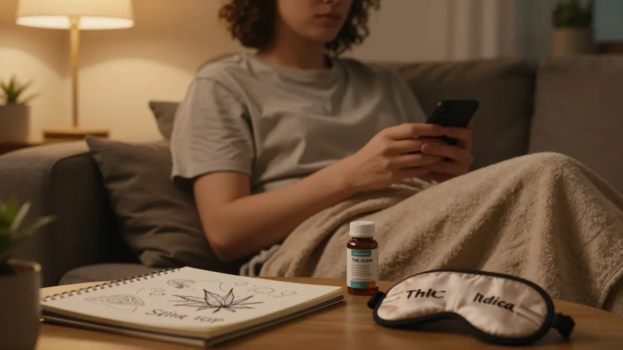 Person mit THC-Gummis auf dem Sofa in gemütlicher Abendstimmung
