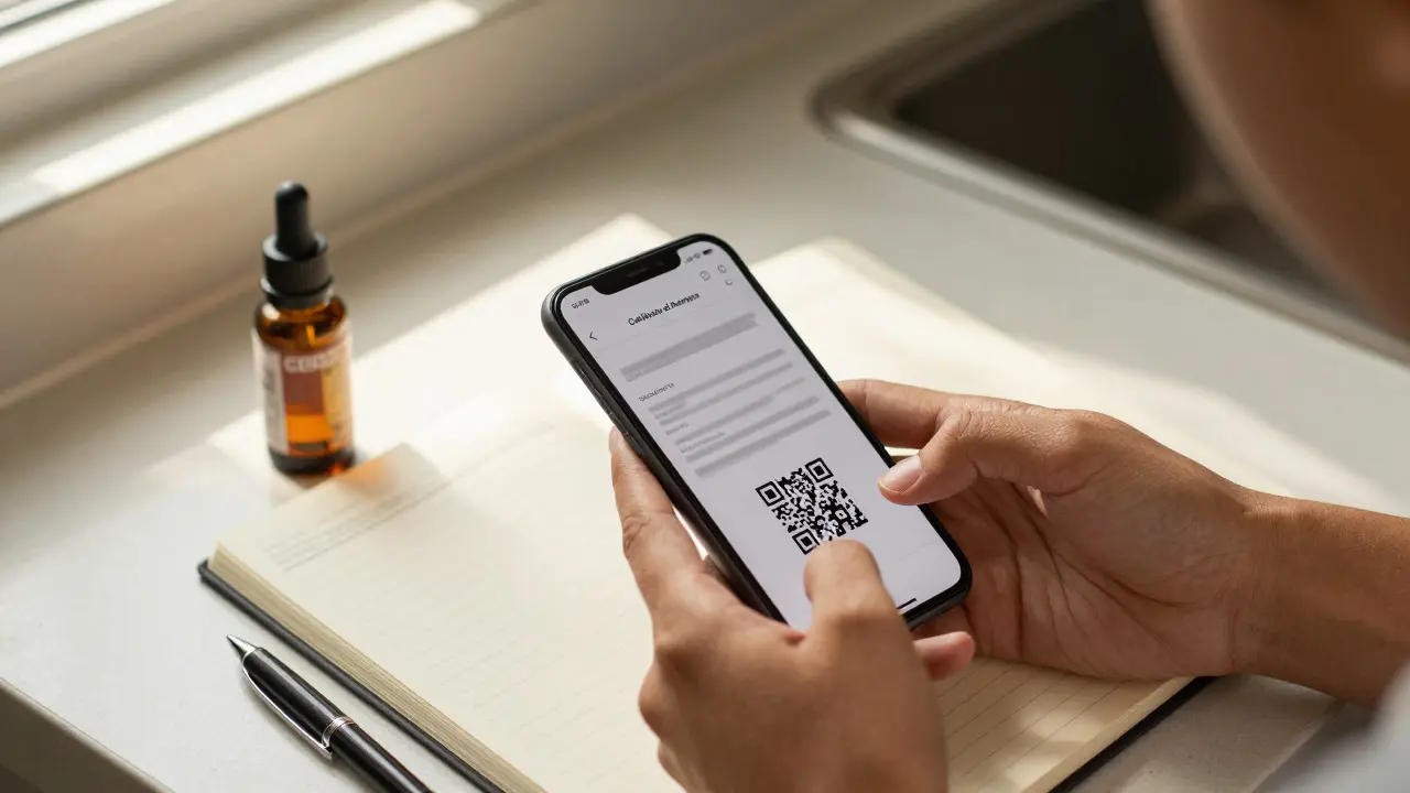 Person scannt einen QR-Code für Labortests neben einem Notizbuch