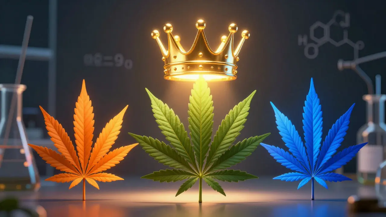 Symbolische Darstellung der Stärke der Cannabinoide mit Kronen und Blättern