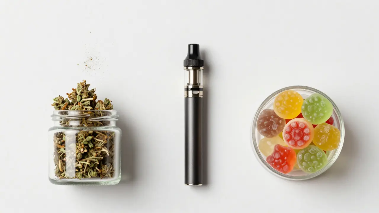 Vergleich von HHC-Produkten: Blüten, Vape-Stick und Gummis auf weißem Hintergrund