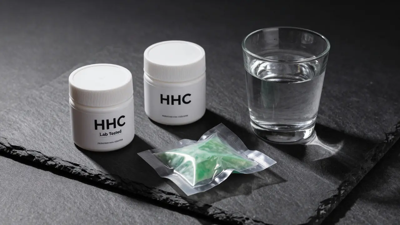 Vergleich von hochwertiger und minderwertiger HHC-Verpackung mit Wasserglas