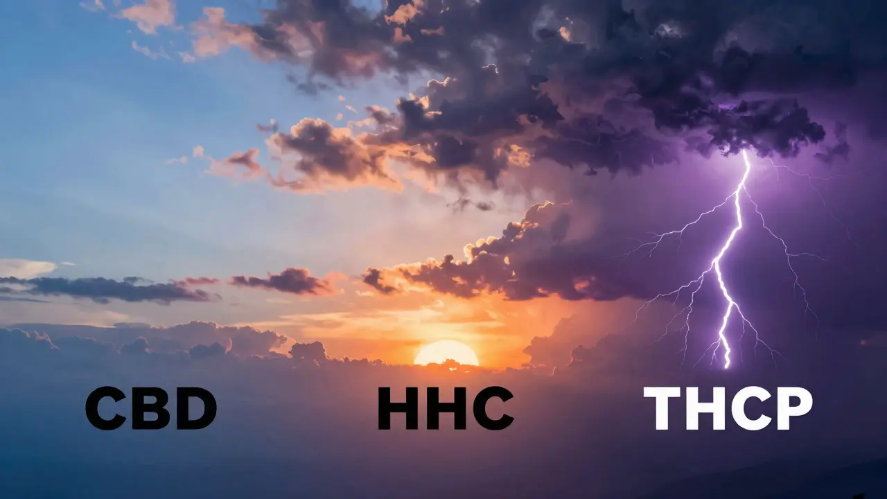 Visueller Vergleich der Stärke von CBD, HHC und THC durch Wettermetaphern