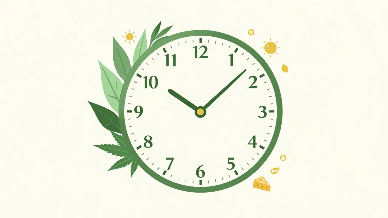 Abstract illustration of a clock blending with hemp leaves and time indicators
