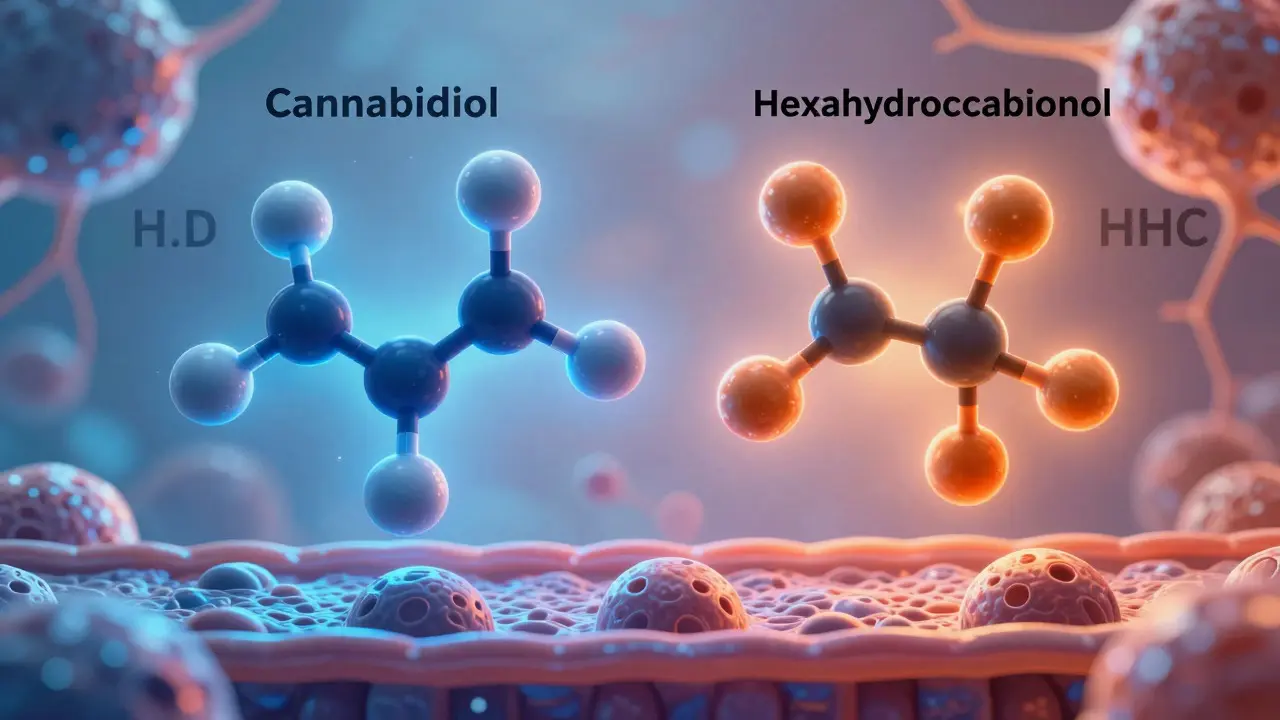 Abstrakte Darstellung der Molekülstrukturen von CBD und HHC im Endocannabinoid-System