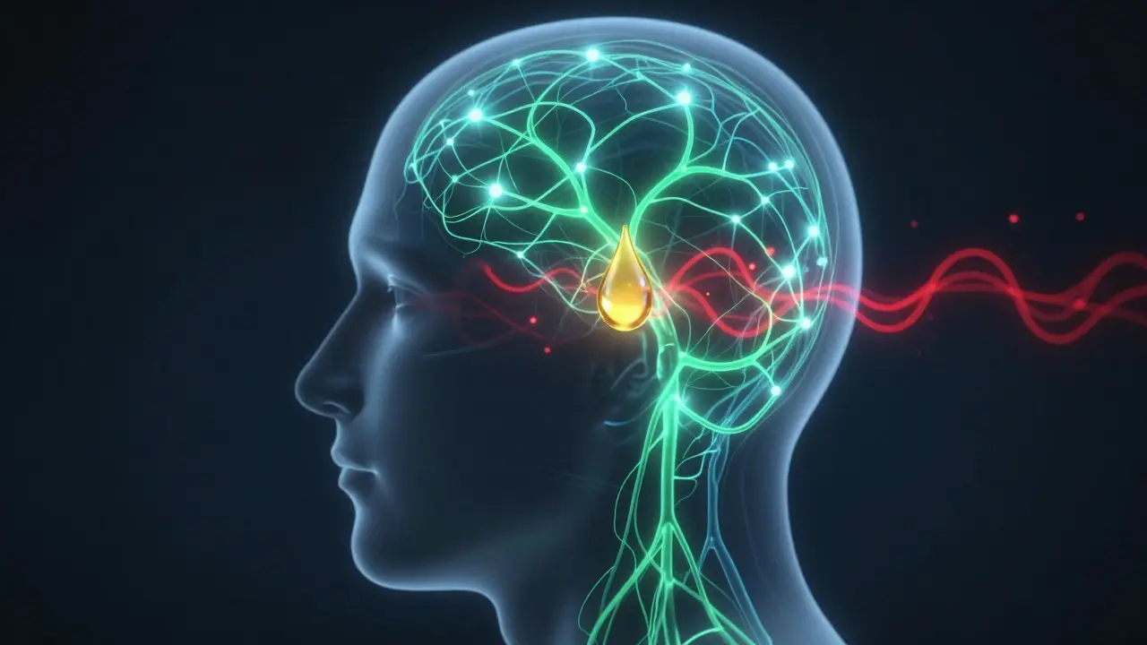 Abstrakte Darstellung des Endocannabinoid-Systems mit CBD-Tropfen