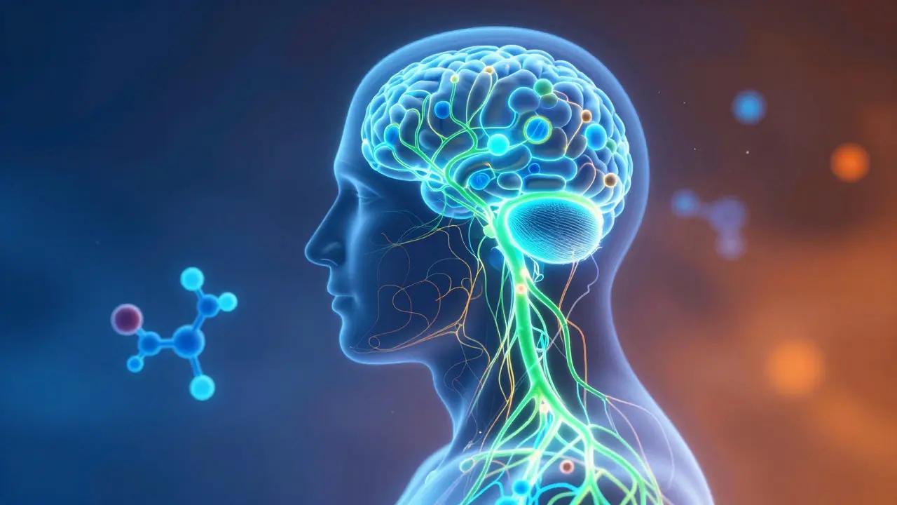 Abstrakte Darstellung des Endocannabinoid-Systems mit leuchtenden Rezeptoren im Körper