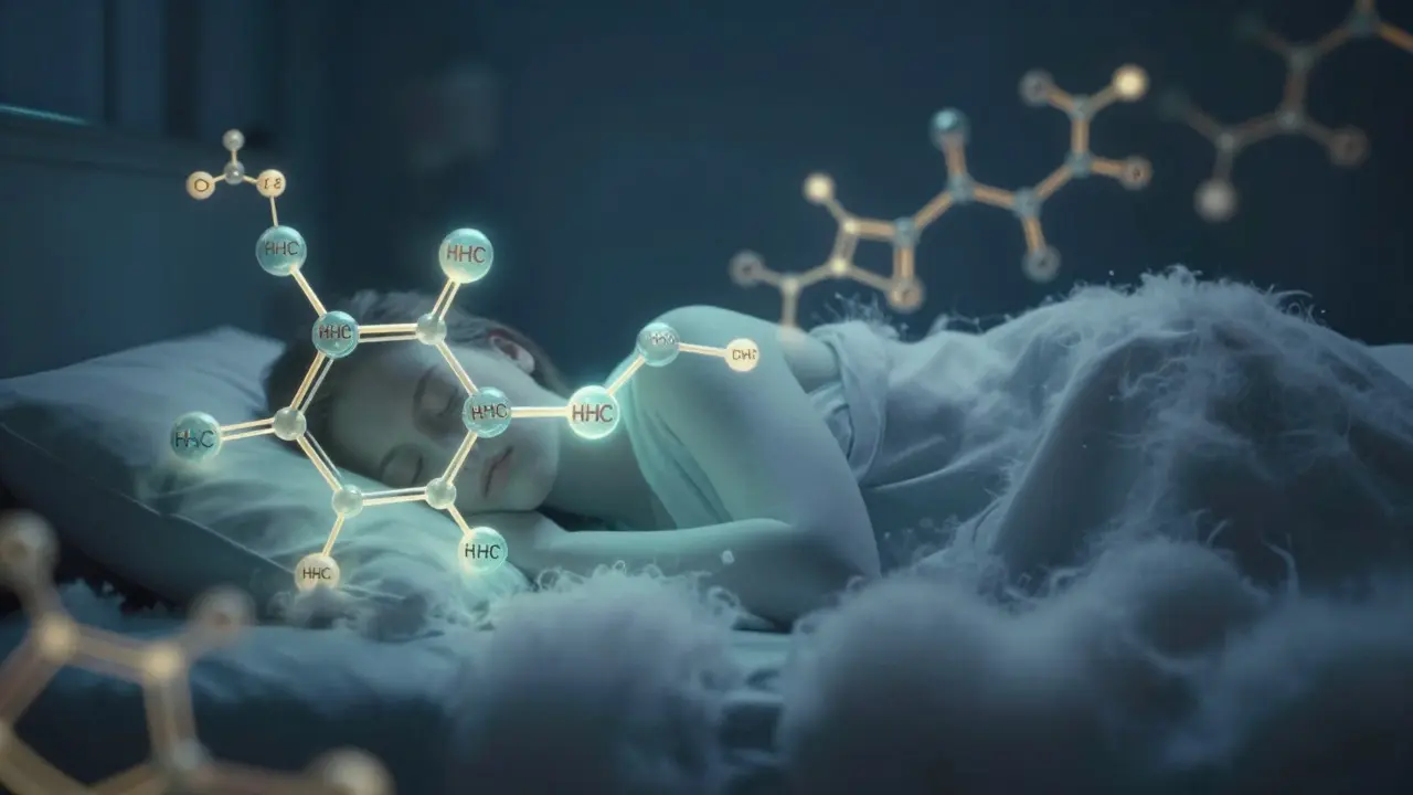 Abstrakte Darstellung von Cannabinoid-Molekülen, die sich in beruhigende Schlafwolken verwandeln