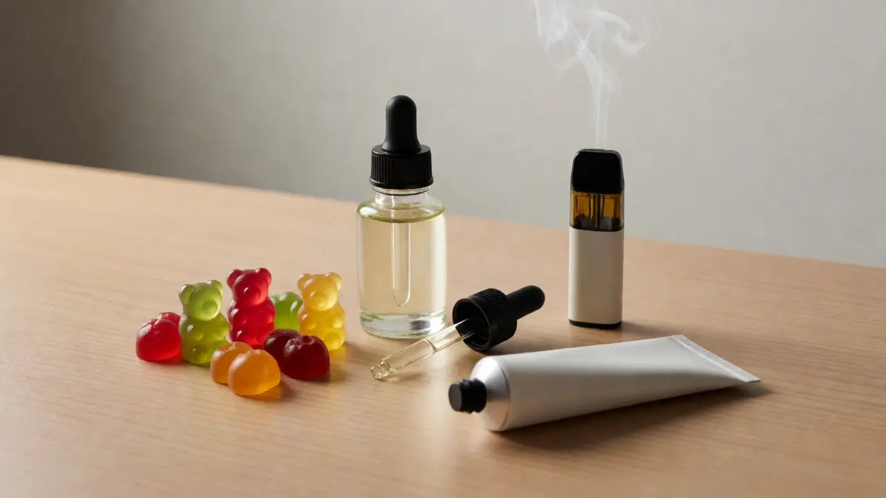 Arrangement von CBD-Produkten: Ölflasche, Gummibärchen, Vape-Stift und Creme auf Holz.