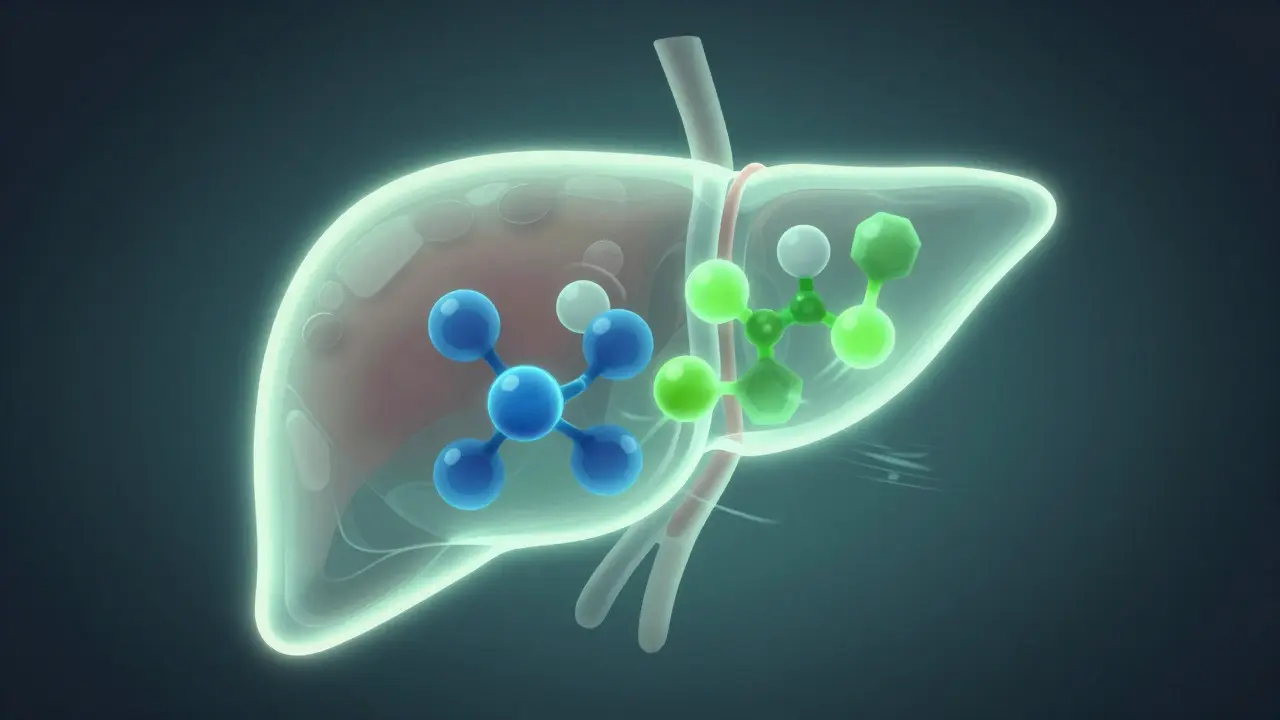 Artistic illustration of liver metabolism showing interaction between alcohol and CBD