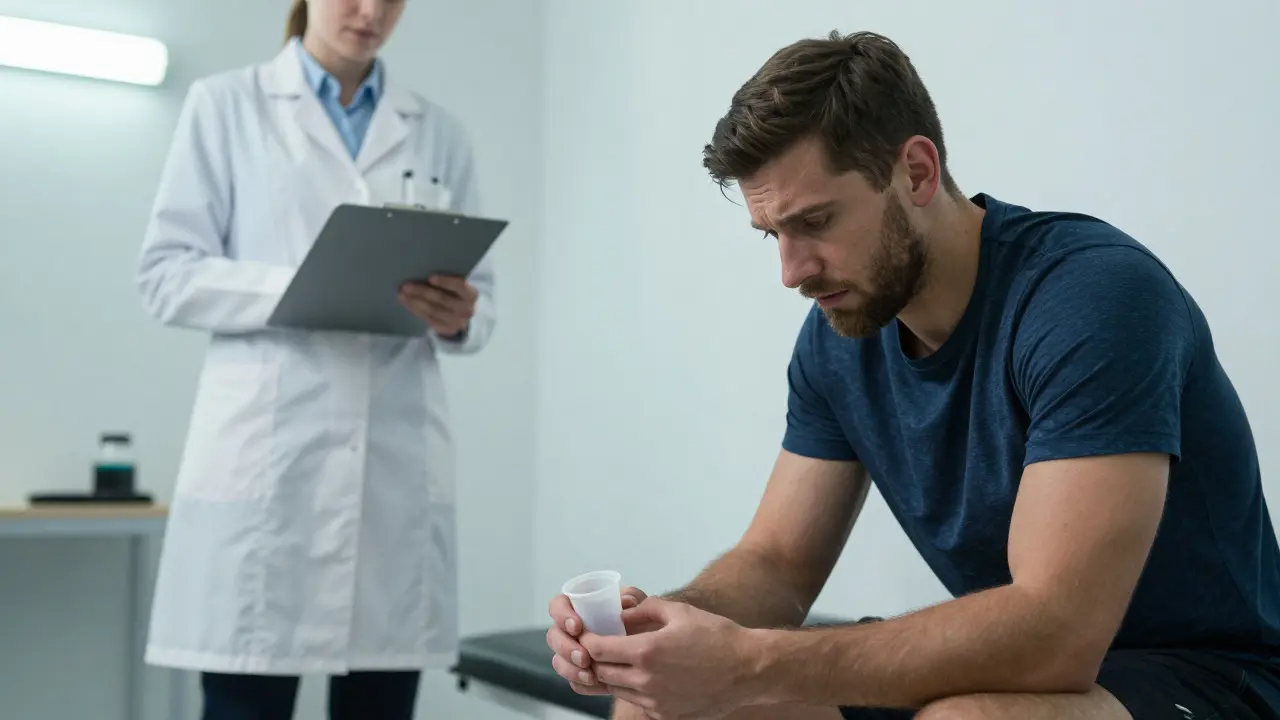 Athlet mit Urinprobe vor einem angespannten Dopingtest