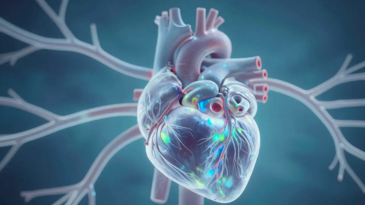 Conceptual art of a human heart connected to glowing blood vessels