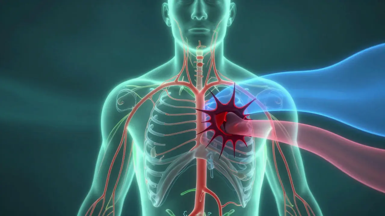 Conceptual art showing green light calming red blood vessels