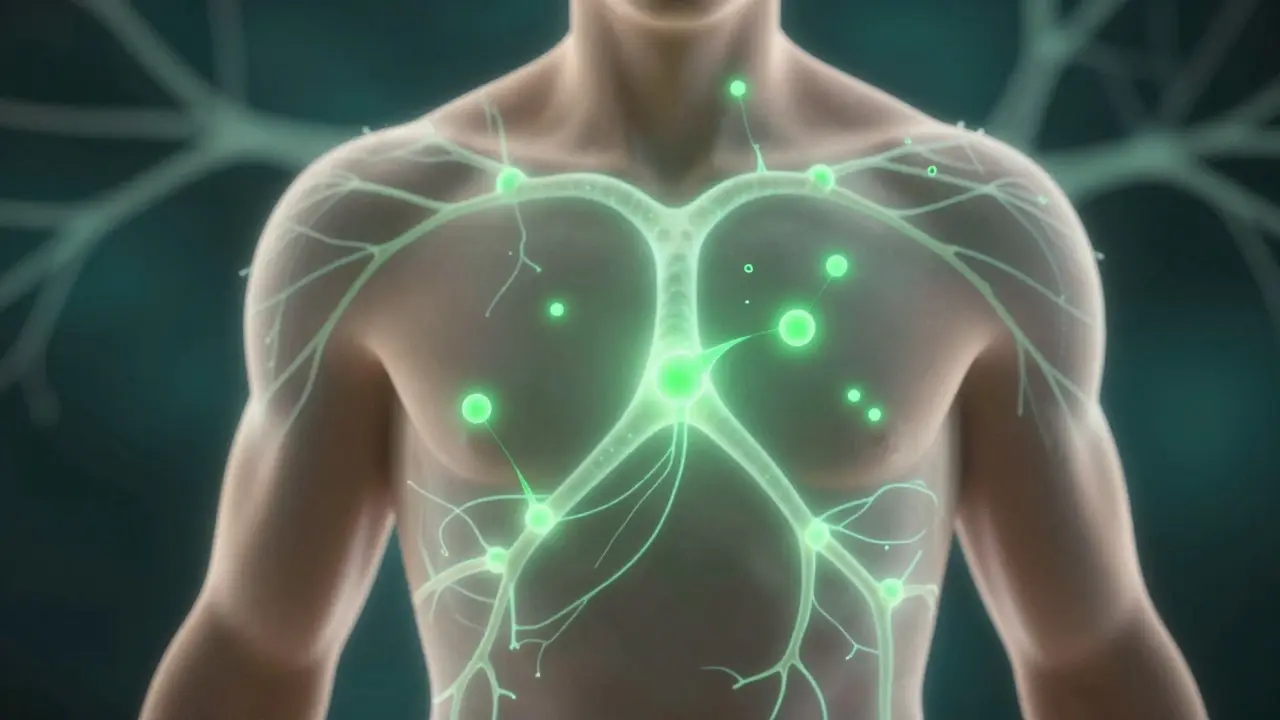 Conceptual illustration of CBD molecules interacting with the body's neural network