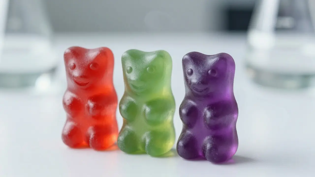 Drei Gummibärchen in verschiedenen Farben auf einem Laborhintergrund