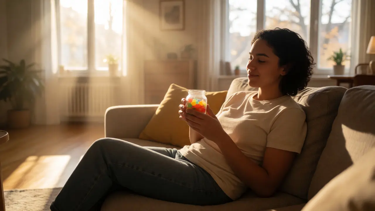 Entspannte Person sitzt im Sonnenlicht auf dem Sofa und hält ein Glas mit bunten Gummibärchen