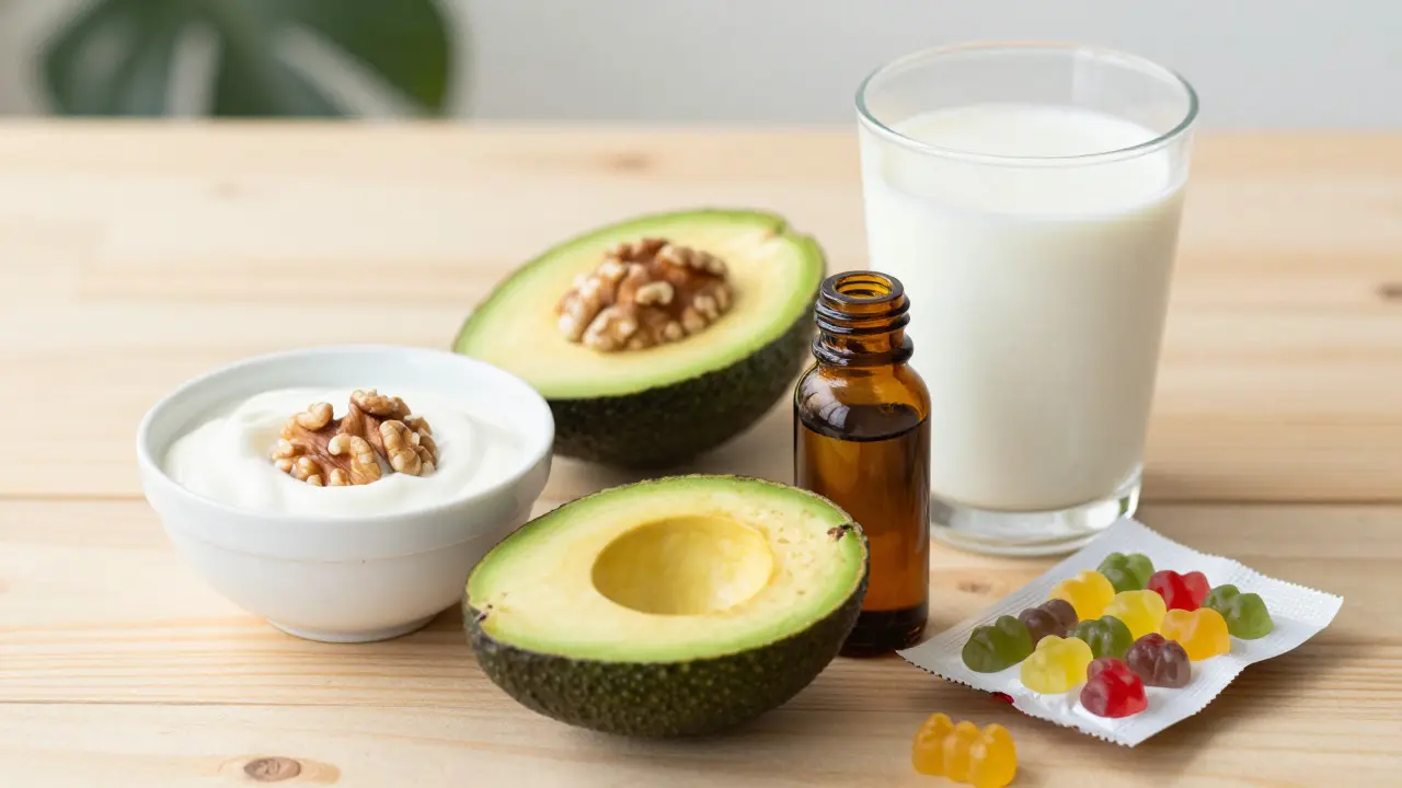 Gesunde Fette wie Avocado und Nüsse neben CBD-Öl für bessere Aufnahme