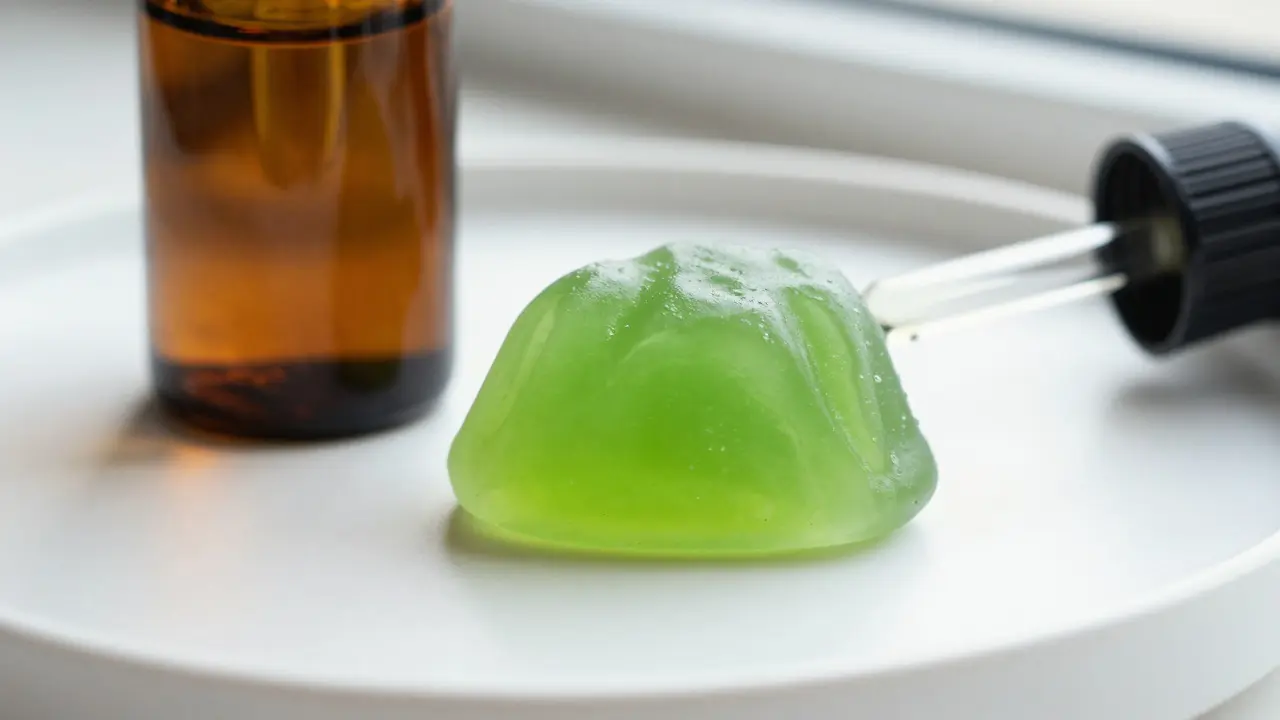 Green gummy candy and amber dropper bottle on white surface