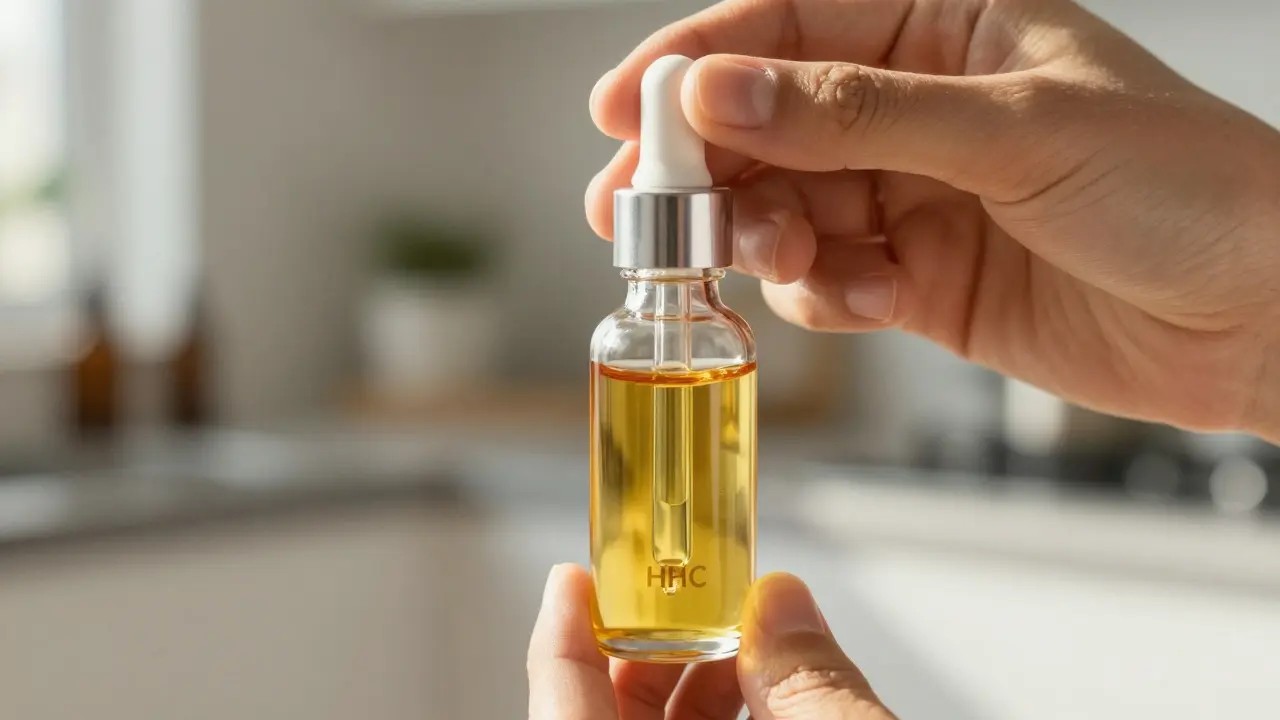 Hand hält eine klare Flasche mit goldfarbenem HHC-Öl