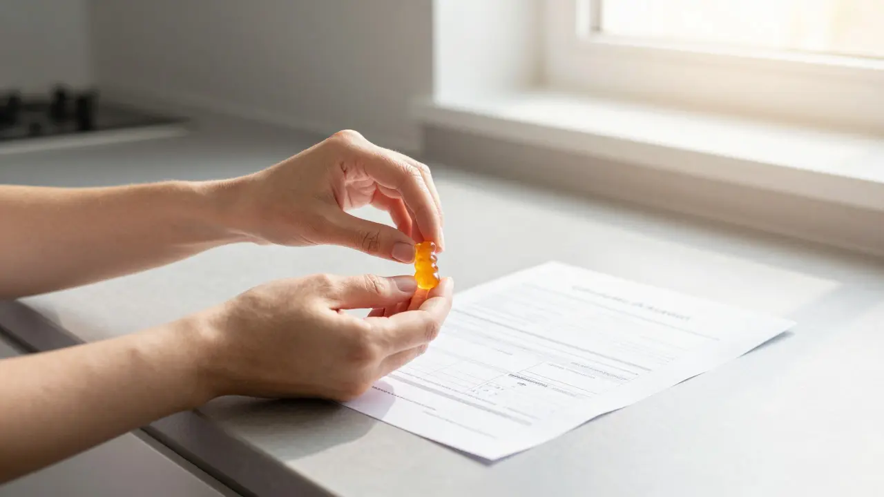 Hand hält Gummibärchen neben Laborzertifikat für Qualitätssicherung