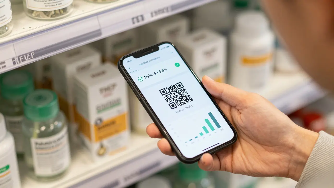 Hand scannt QR-Code für Labortestzertifikat eines THCP-Produkts