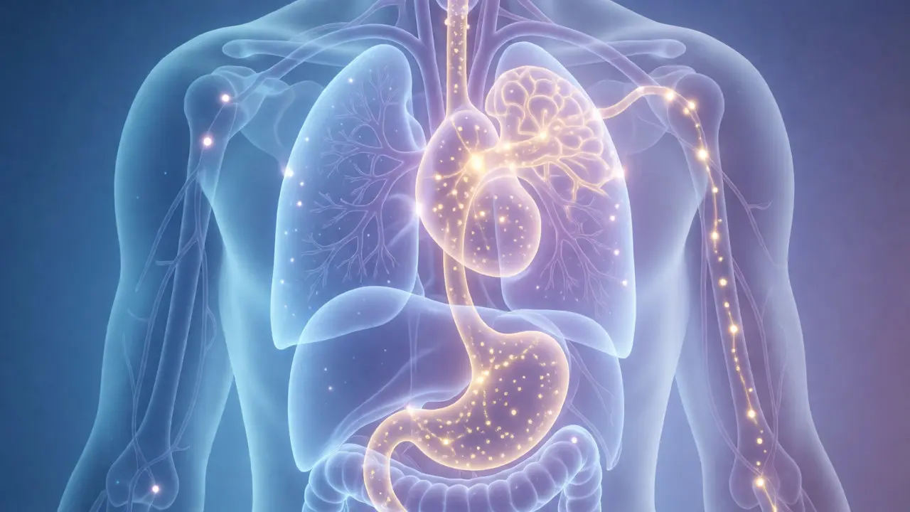 Konzeptuelle Darstellung des Endocannabinoid-Systems mit leuchtenden Verbindungen im Körper.